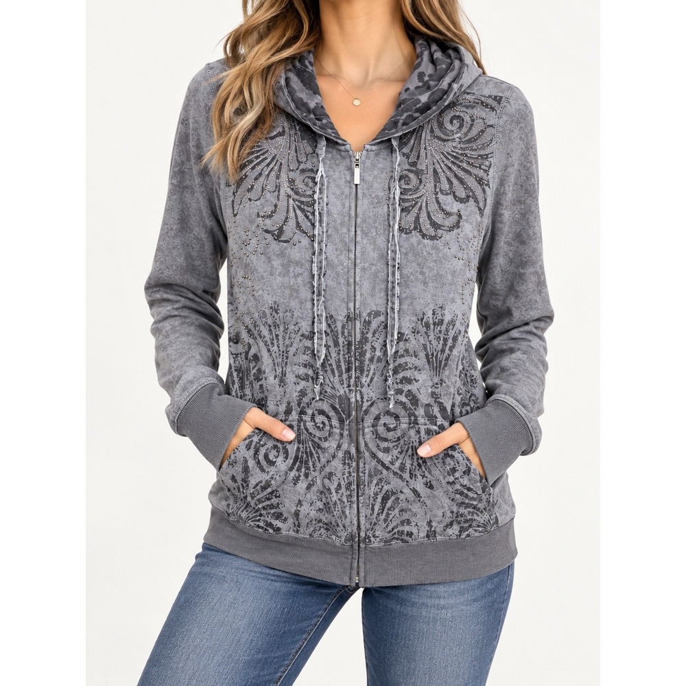 Maurices Y2K Zip Up Hoodie Rhinestone Gray Scroll Print McBling Grunge Medium